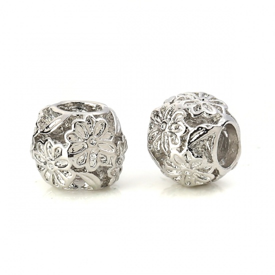 Picture of Zinc Based Alloy European Style Large Hole Charm Beads Round Silver Tone Flower About 11mm( 3/8") Dia, Hole: Approx 5mm, 10 PCs