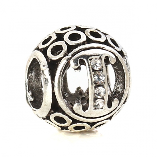 Picture of Zinc Based Alloy European Style Large Hole Charm Beads Round Antique Silver Initial Alphabet/ Letter Message " I " Clear Rhinestone About 11mm( 3/8") Dia, Hole: Approx 5.1mm, 5 PCs
