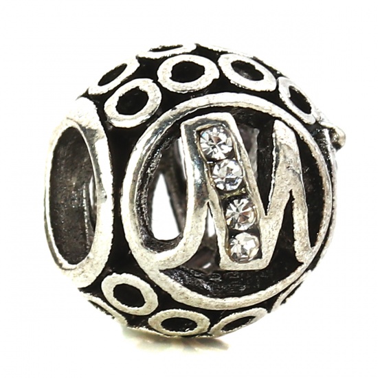 Picture of Zinc Based Alloy European Style Large Hole Charm Beads Round Antique Silver Initial Alphabet/ Letter Message " M " Clear Rhinestone About 11mm( 3/8") Dia, Hole: Approx 5.1mm, 5 PCs