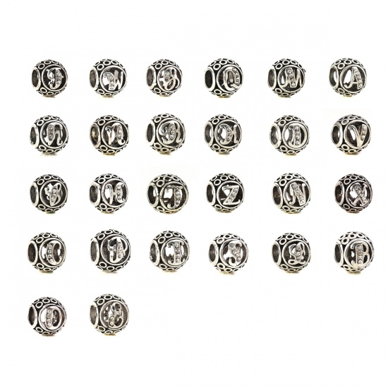 Immagine di Lega di Zinco Stile Europeo Perline Tondo Argento Antico Lettera Scolpito " M Intagliato Trasparente Strass Circa 11mm Dia, Foro: Circa 5.1mm, 5 Pz