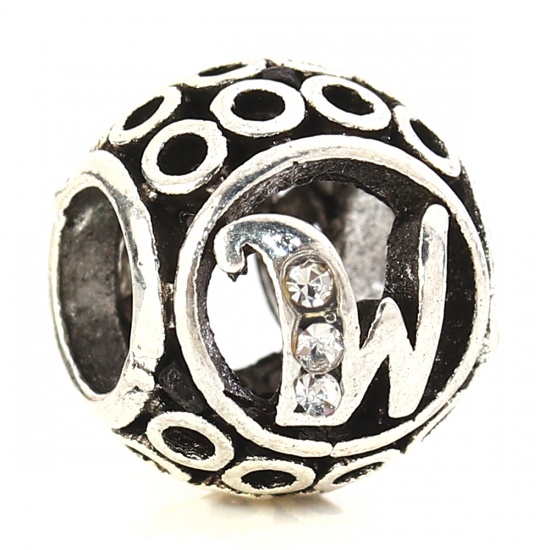 Picture of Zinc Based Alloy European Style Large Hole Charm Beads Round Antique Silver Initial Alphabet/ Letter Message " W " Clear Rhinestone About 11mm( 3/8") Dia, Hole: Approx 5.1mm, 5 PCs