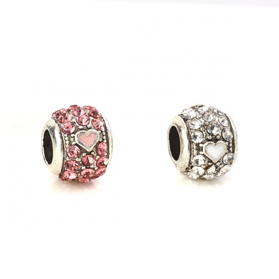 Picture of Zinc Based Alloy European Style Large Hole Charm Beads Round Antique Silver Heart Enamel Clear Rhinestone About 11mm( 3/8") Dia, Hole: Approx 4.8mm, 5 PCs
