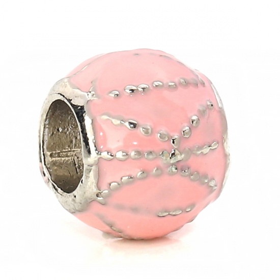 Immagine di Lega di Zinco Stile Europeo Perline Tondo Tono Argento Polka Dot Scolpito Rosa Smalto Circa 11mm Dia, Foro: Circa 5.2mm, 5 Pz