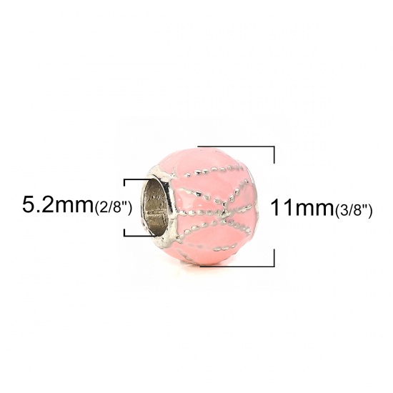 Picture of Zinc Based Alloy European Style Large Hole Charm Beads Round Silver Tone Dot Pink Enamel About 11mm( 3/8") Dia, Hole: Approx 5.2mm, 5 PCs