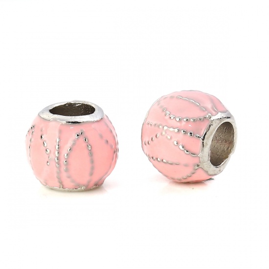 Immagine di Lega di Zinco Stile Europeo Perline Tondo Tono Argento Polka Dot Scolpito Rosa Smalto Circa 11mm Dia, Foro: Circa 5.2mm, 5 Pz