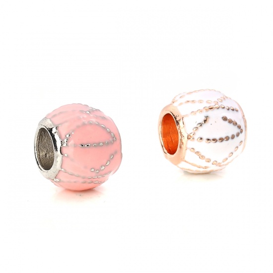 Picture of Zinc Based Alloy European Style Large Hole Charm Beads Round Silver Tone Dot Pink Enamel About 11mm( 3/8") Dia, Hole: Approx 5.2mm, 5 PCs