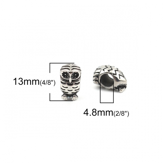 Immagine di 304 Acciaio Inossidabile Colata Perline Gufo Argento Antico 3D 13mm x 7mm, Buco: Circa 4.8mm, 2 Pz