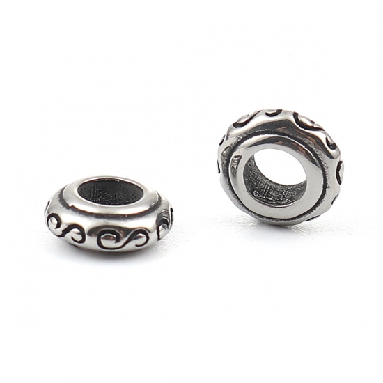 Picture of 304 Stainless Steel Casting Beads Round Antique Silver Color S Pattern About 9mm Dia., Hole: Approx 4.2mm, 2 PCs