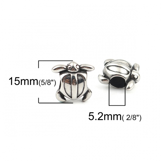 Immagine di 304 Acciaio Inossidabile Colata Perline Tartaruga di Mare Argento Antico 3D 15mm x 15mm, Buco: Circa 5.2mm, 2 Pz