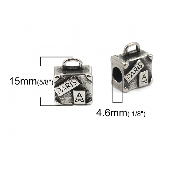 Immagine di 2 Pz 304 Acciaio Inossidabile Colata Perline per la Creazione di Gioielli con Ciondoli Fai-da-te Valigia Argento Antico 3D 15mm x 12mm, Buco: Circa 4.6mm