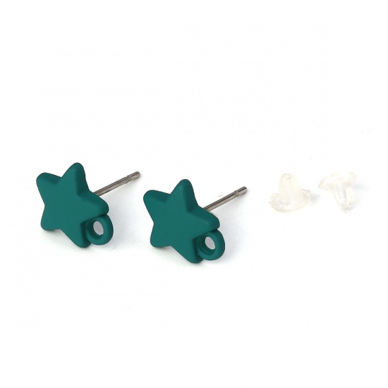 Picture of Zinc Based Alloy Ear Post Stud Earrings Findings Pentagram Star Silver Tone Green W/ Loop 11mm x 10mm, Post/ Wire Size: (21 gauge), 10 PCs