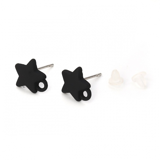 Picture of Zinc Based Alloy Ear Post Stud Earrings Findings Pentagram Star Silver Tone Black W/ Loop Painting 11mm x 10mm, Post/ Wire Size: (21 gauge), 10 PCs