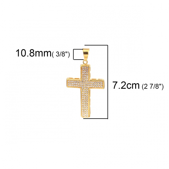 Picture of Stainless Steel Casting Pendants Cross Gold Plated Clear Rhinestone 72mm x 39mm, 1 Piece