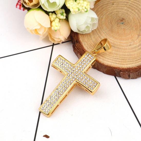 Picture of Stainless Steel Casting Pendants Cross Gold Plated Clear Rhinestone 72mm x 39mm, 1 Piece
