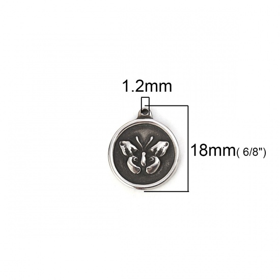 Picture of 304 Stainless Steel Casting Charms Round Antique Silver Color Butterfly 18mm x 15mm, 2 PCs