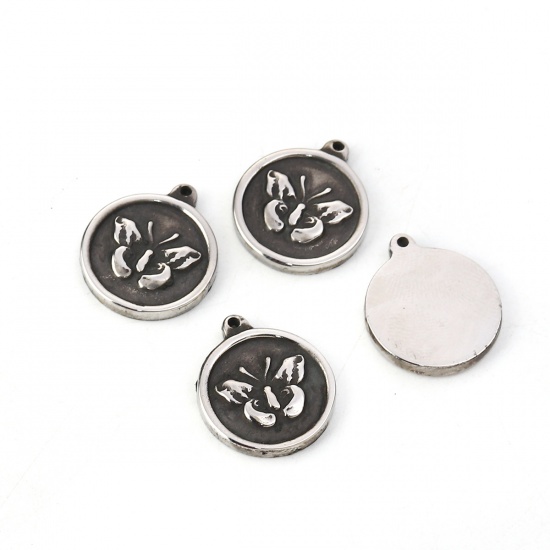 Picture of 304 Stainless Steel Casting Charms Round Antique Silver Color Butterfly 18mm x 15mm, 2 PCs