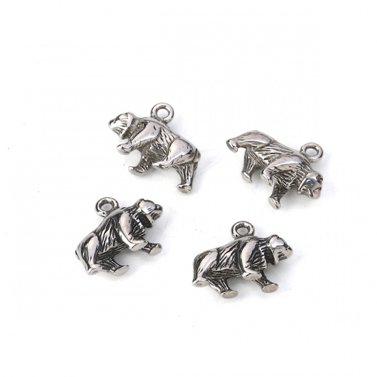 Picture of 304 Stainless Steel Casting Charms Bear Animal Antique Silver Color 16mm x 12mm, 2 PCs