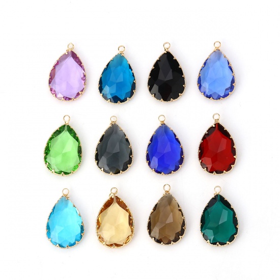 Picture of Copper & Glass Charms Drop Gold Plated Deep Blue Faceted 29mm(1 1/8") x 19mm( 6/8"), 2 PCs