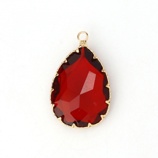 Picture of Copper & Glass Charms Drop Gold Plated Wine Red Faceted 29mm(1 1/8") x 19mm( 6/8"), 2 PCs