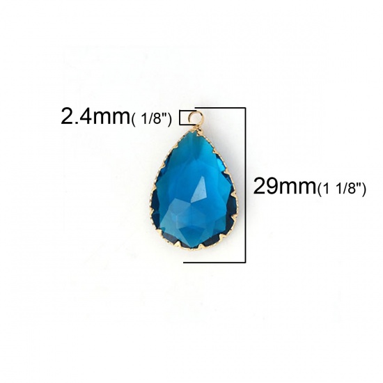 Picture of Copper & Glass Charms Drop Gold Plated Peacock Blue Faceted 29mm(1 1/8") x 19mm( 6/8"), 2 PCs