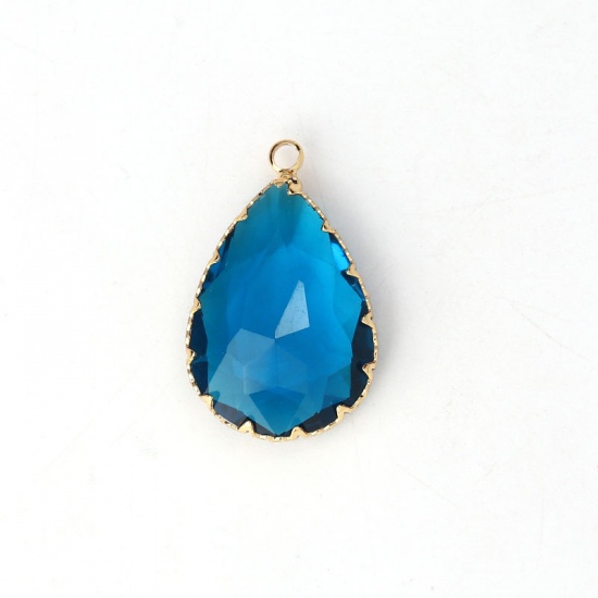 Picture of Copper & Glass Charms Drop Gold Plated Peacock Blue Faceted 29mm(1 1/8") x 19mm( 6/8"), 2 PCs