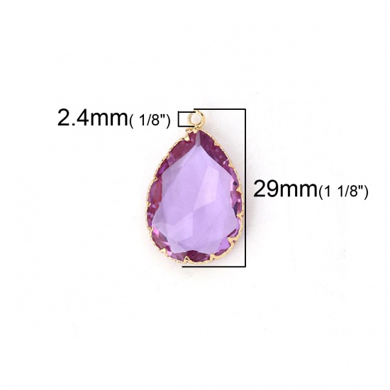 Picture of Copper & Glass Charms Drop Gold Plated Mauve Faceted 29mm(1 1/8") x 19mm( 6/8"), 2 PCs