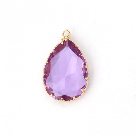 Picture of Copper & Glass Charms Drop Gold Plated Mauve Faceted 29mm(1 1/8") x 19mm( 6/8"), 2 PCs