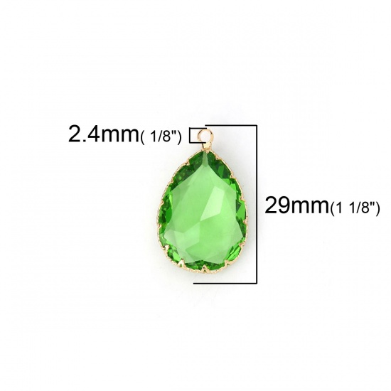 Picture of Copper & Glass Charms Drop Gold Plated Green Faceted 29mm(1 1/8") x 19mm( 6/8"), 2 PCs