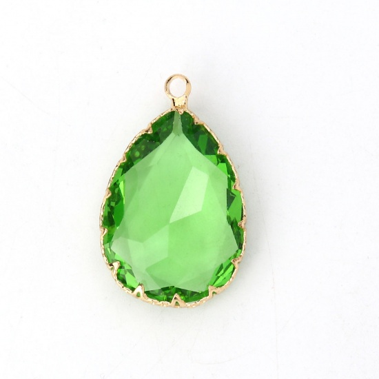 Picture of Copper & Glass Charms Drop Gold Plated Green Faceted 29mm(1 1/8") x 19mm( 6/8"), 2 PCs