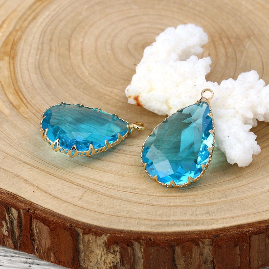 Picture of Copper & Glass Charms Drop Gold Plated Lake Blue Faceted 29mm(1 1/8") x 19mm( 6/8"), 2 PCs