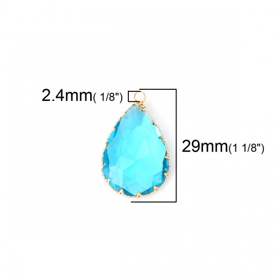 Picture of Copper & Glass Charms Drop Gold Plated Lake Blue Faceted 29mm(1 1/8") x 19mm( 6/8"), 2 PCs