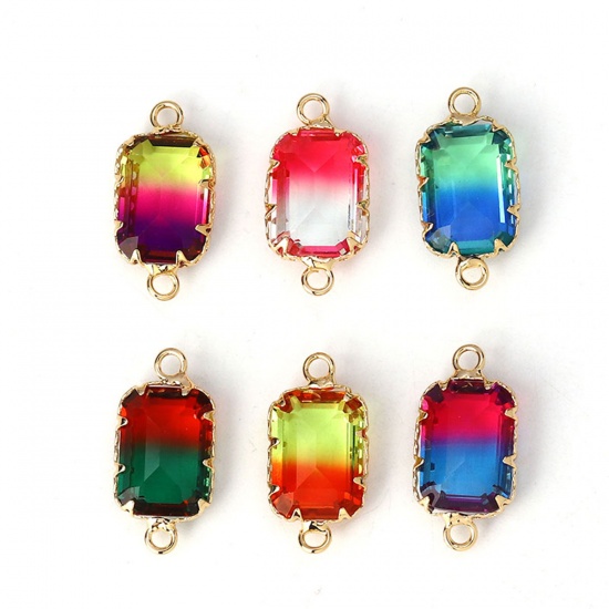 Picture of Brass & Glass Connectors Rectangle Gold Plated Red & Green Faceted 22mm( 7/8") x 11mm( 3/8"), 2 PCs                                                                                                                                                           