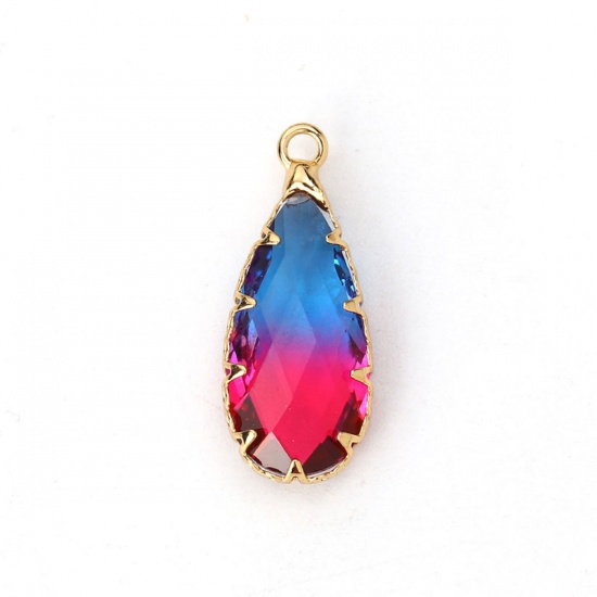 Picture of Copper & Glass Charms Drop Gold Plated Blue & Fuchsia Faceted 24mm x11mm(1" x 3/8") - 24mm x10mm(1" x 3/8"), 2 PCs