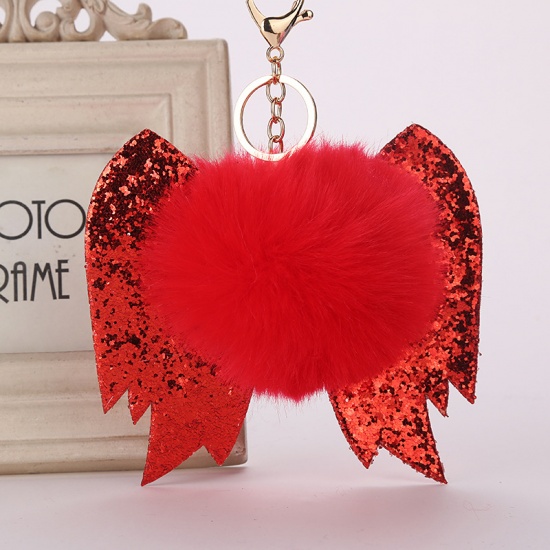 Picture of Keychain & Keyring Wing Red Pom Pom Ball Glitter 13cm long, 1 Piece