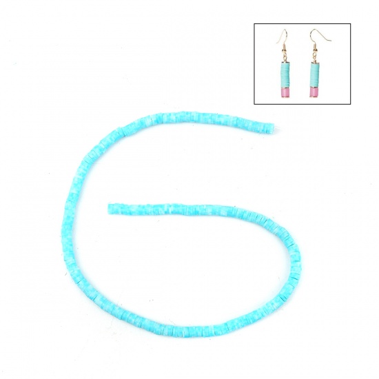 Picture of Polymer Clay Katsuki Beads Heishi Beads Disc Beads Round Light Blue Dot Pattern About 5mm Dia, Hole: Approx 1.8mm, 40cm(15 6/8") long, 3 Strands (Approx 380 PCs/Strand)