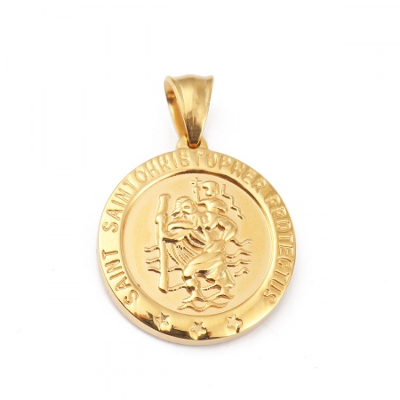 316L Stainless Steel Pendants 18K Gold Plated Round Disc Saint Christopher 35mm x 25mm, 1 Piece