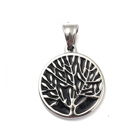 Immagine di 316L Acciaio Inossidabile Ciondoli Tondo Tono Argento Nero Albero 36mm x 25mm, 1 Pz” 