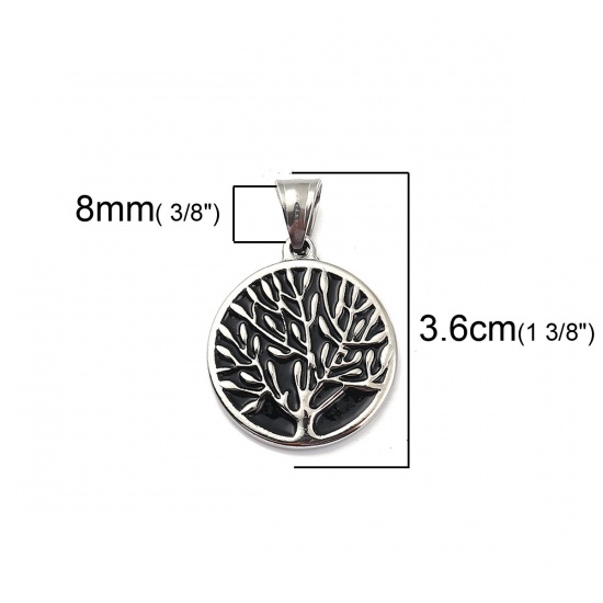 Immagine di 316L Acciaio Inossidabile Ciondoli Tondo Tono Argento Nero Albero 36mm x 25mm, 1 Pz” 