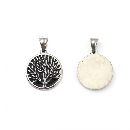 Immagine di 316L Acciaio Inossidabile Ciondoli Tondo Tono Argento Nero Albero 36mm x 25mm, 1 Pz” 