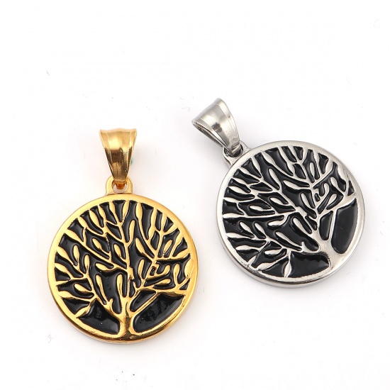 Immagine di 316L Acciaio Inossidabile Ciondoli Tondo Tono Argento Nero Albero 36mm x 25mm, 1 Pz” 