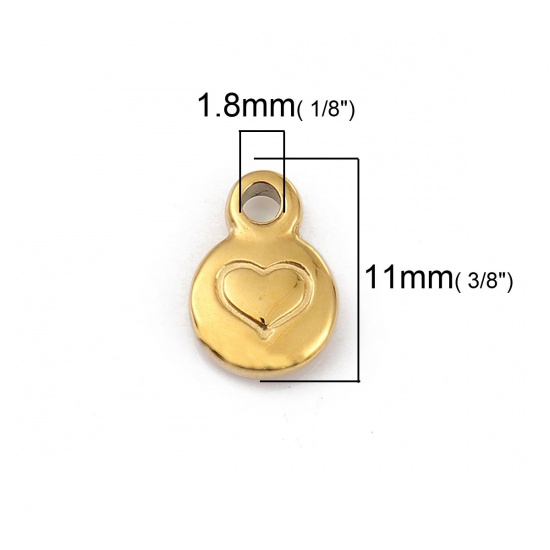 Immagine di 316L Acciaio inossidabile San Valentino Charms Tondo Placcato Oro 18K Cuore 11mm x 8mm, 1 Pz