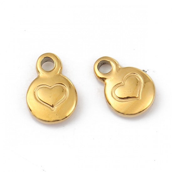 Immagine di 316L Acciaio inossidabile San Valentino Charms Tondo Placcato Oro 18K Cuore 11mm x 8mm, 1 Pz
