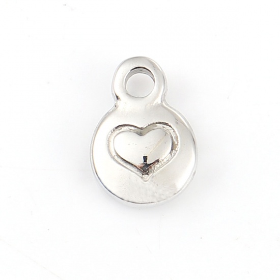 Picture of 316L Stainless Steel Charms Round Silver Tone Heart 11mm( 3/8") x 8mm( 3/8"), 1 Piece” 