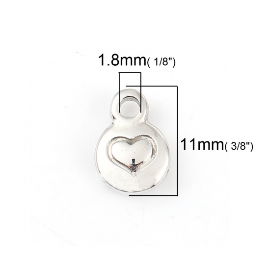 Picture of 316L Stainless Steel Charms Round Silver Tone Heart 11mm( 3/8") x 8mm( 3/8"), 1 Piece” 