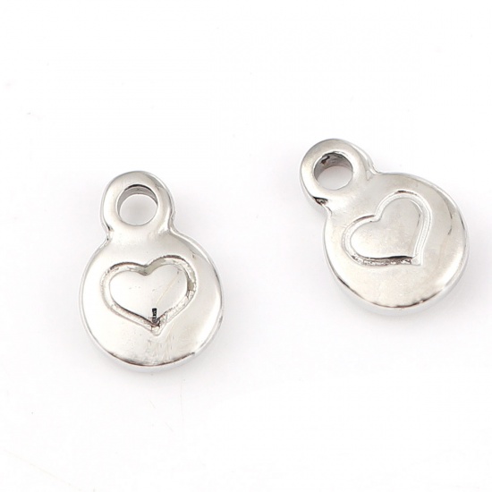 Picture of 316L Stainless Steel Charms Round Silver Tone Heart 11mm( 3/8") x 8mm( 3/8"), 1 Piece” 