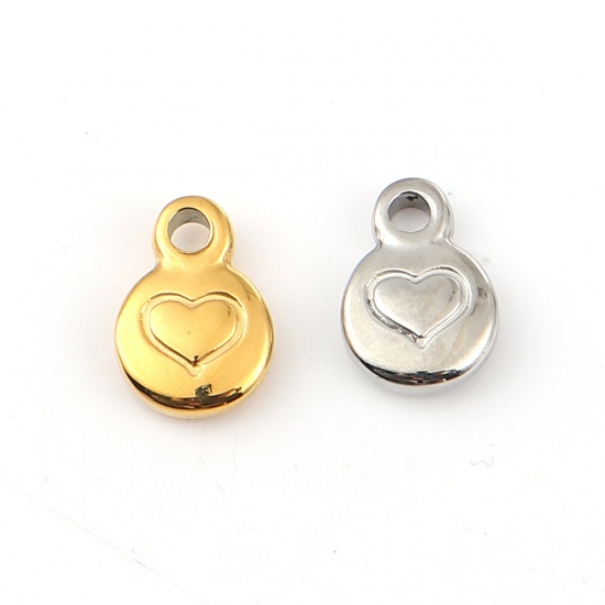 Picture of 316L Stainless Steel Charms Round Silver Tone Heart 11mm( 3/8") x 8mm( 3/8"), 1 Piece” 