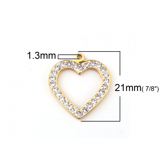 Picture of 316L Stainless Steel Valentine's Day Charms 18K Gold Plated Heart Clear Rhinestone 21mm x 20mm, 1 Piece
