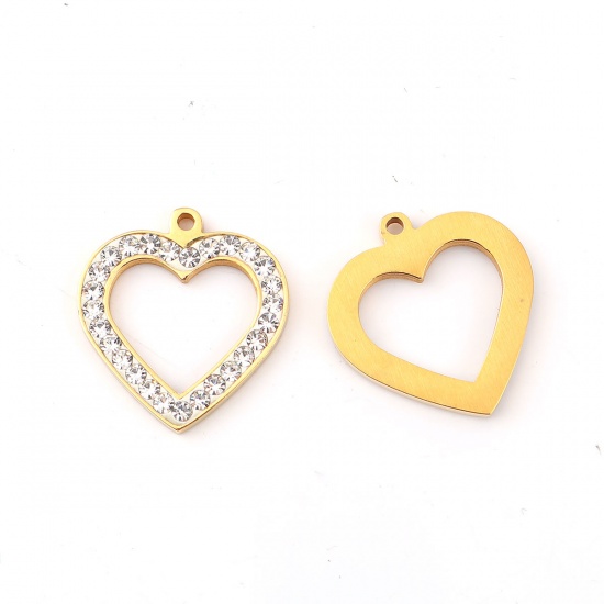 Picture of 316L Stainless Steel Valentine's Day Charms 18K Gold Plated Heart Clear Rhinestone 21mm x 20mm, 1 Piece
