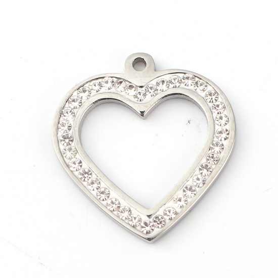 Picture of 316L Stainless Steel Charms Heart Silver Tone Clear Rhinestone 21mm( 7/8") x 20mm( 6/8"), 1 Piece”
