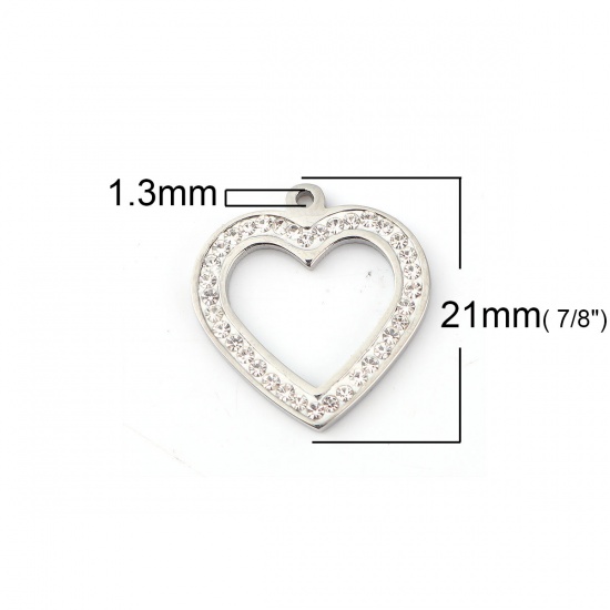 Immagine di 316L Acciaio Inossidabile Charms Cuore Tono Argento Trasparente Strass 21mm x 20mm, 1 Pz” 
